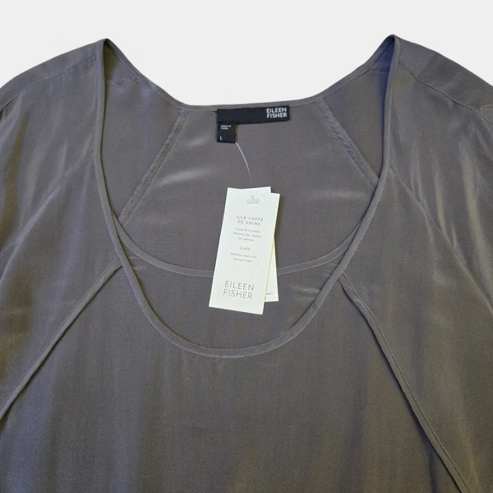 Eileen Fisher Silk Crepe de Chine Round Neck Easy Top Gray L Quiet Luxury NWT - Picture 2 of 11
